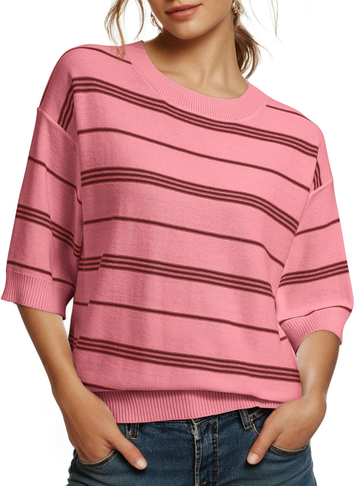 Dokotoo Womens Sweaters Spring Summer Oversized 3 4 Sleeve Striped Crewneck Casual Lightweight Knit Pullover Sweater Tops
