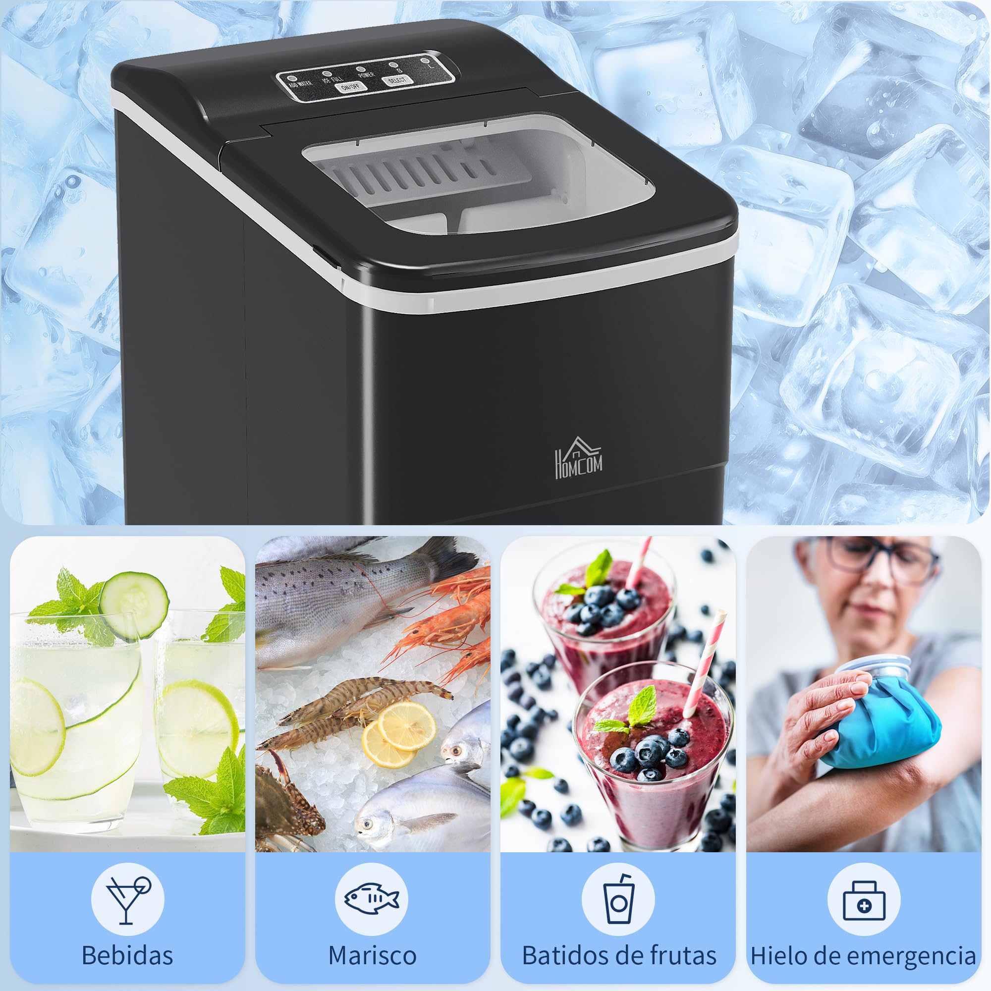 HOMCOM Máquina de Hielo Autolimpieza para Casa 12 kg/24h Negro | Máquina de Hacer Hielo, Ventana, 9 Cubitos de Hielo en 8 Minutos, 2 Tamaños de Cubitos, Cuchara Cesta