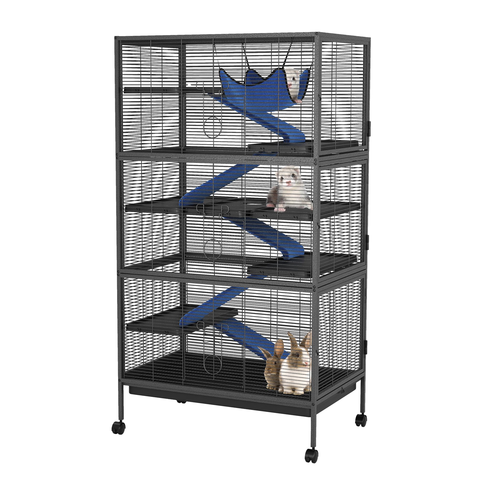 6 Tier Small Animal Cage with Rolling Stand, Large Metal Hamster Cage 56 × 88 cm × 128 cm, Portable Chinchilla Rabbit Habitat with Ramps, Platforms, Hammock & Removable Tray