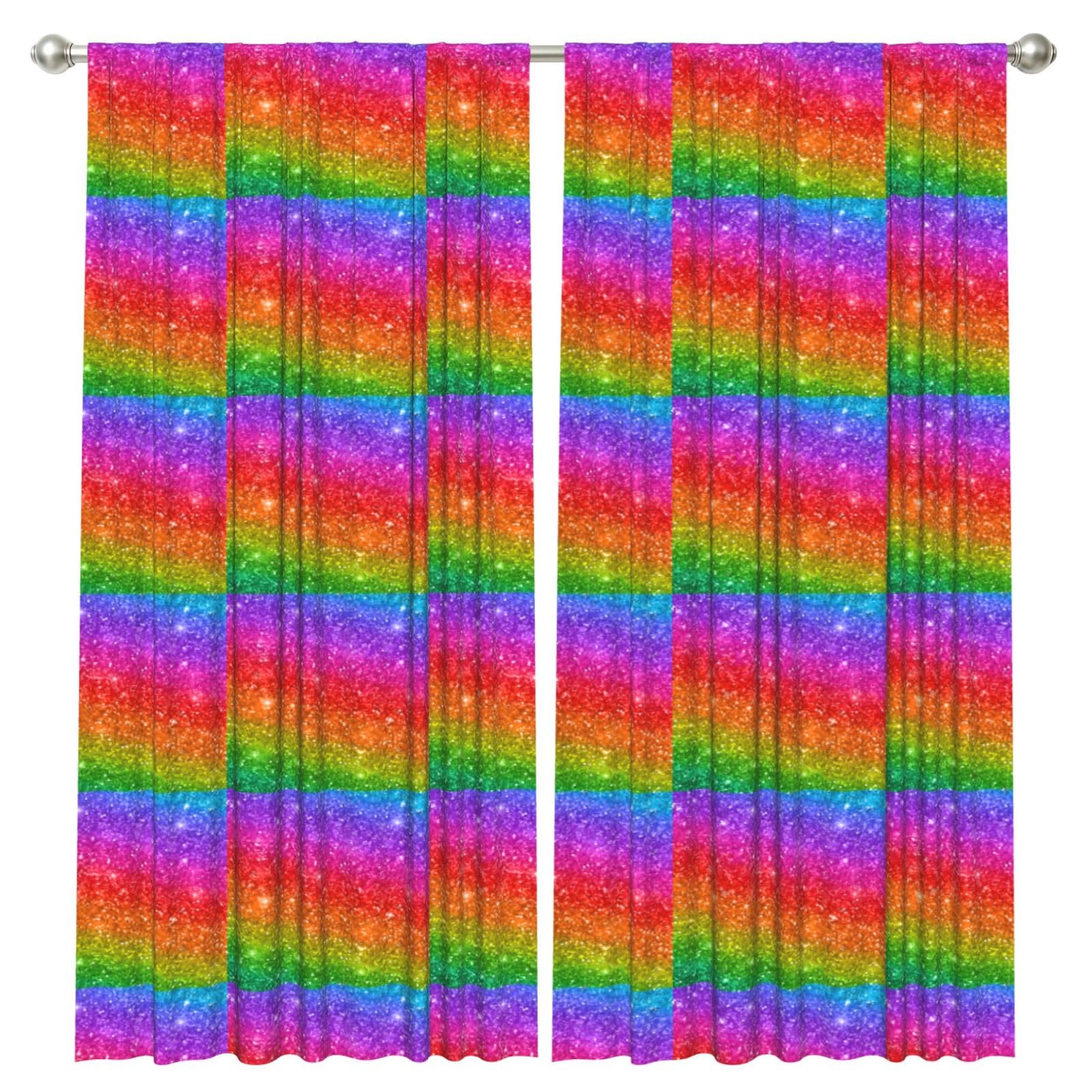 InOmak Shiny Sparkles Rainbow Colors Glitter, 2 Panels Window Curtains 52 x 84 Inch Blackout Curtains for Living Room Bedroom