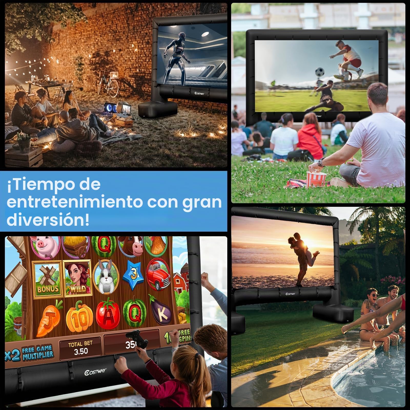 GOPLUS Pantalla Hinchable Exterior 4/4,5/5 m, Pantalla Gigante Hinchable para Videoproyector y Cine con Ventilador, Bolsa de Almacenamiento, Estacas para Suelo, Fácil Instalación, Doble Cara (328 x