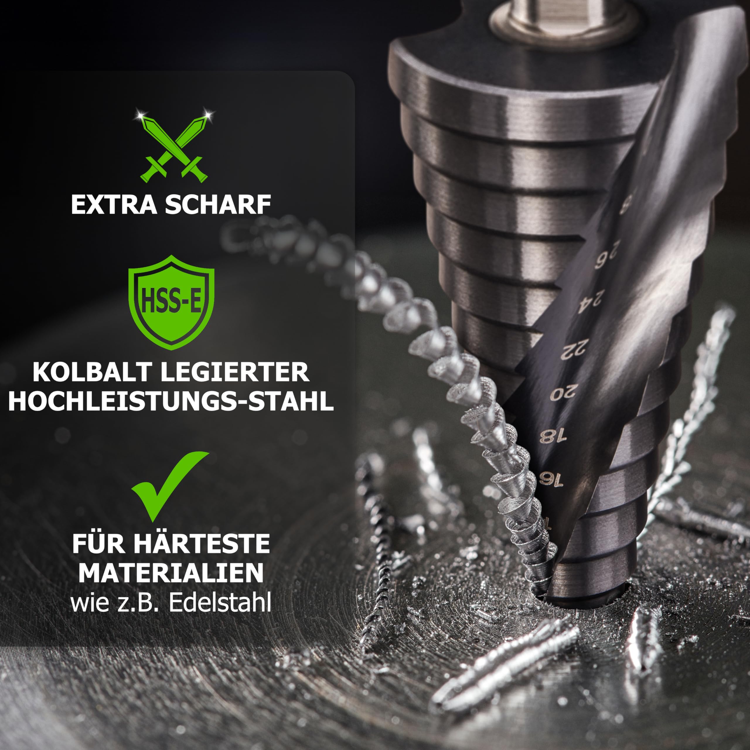 Pinava® Stufenbohrer HSS Cobalt Pro TiAIN [Extra Langlebig & Hitzebeständig] - Profi Kegelbohrer für Edelstahl, Metall, Holz, Kunststoff - Blech-Schälbohrer Extrem Scharf Ø4-32mm Edelstahlbohrer