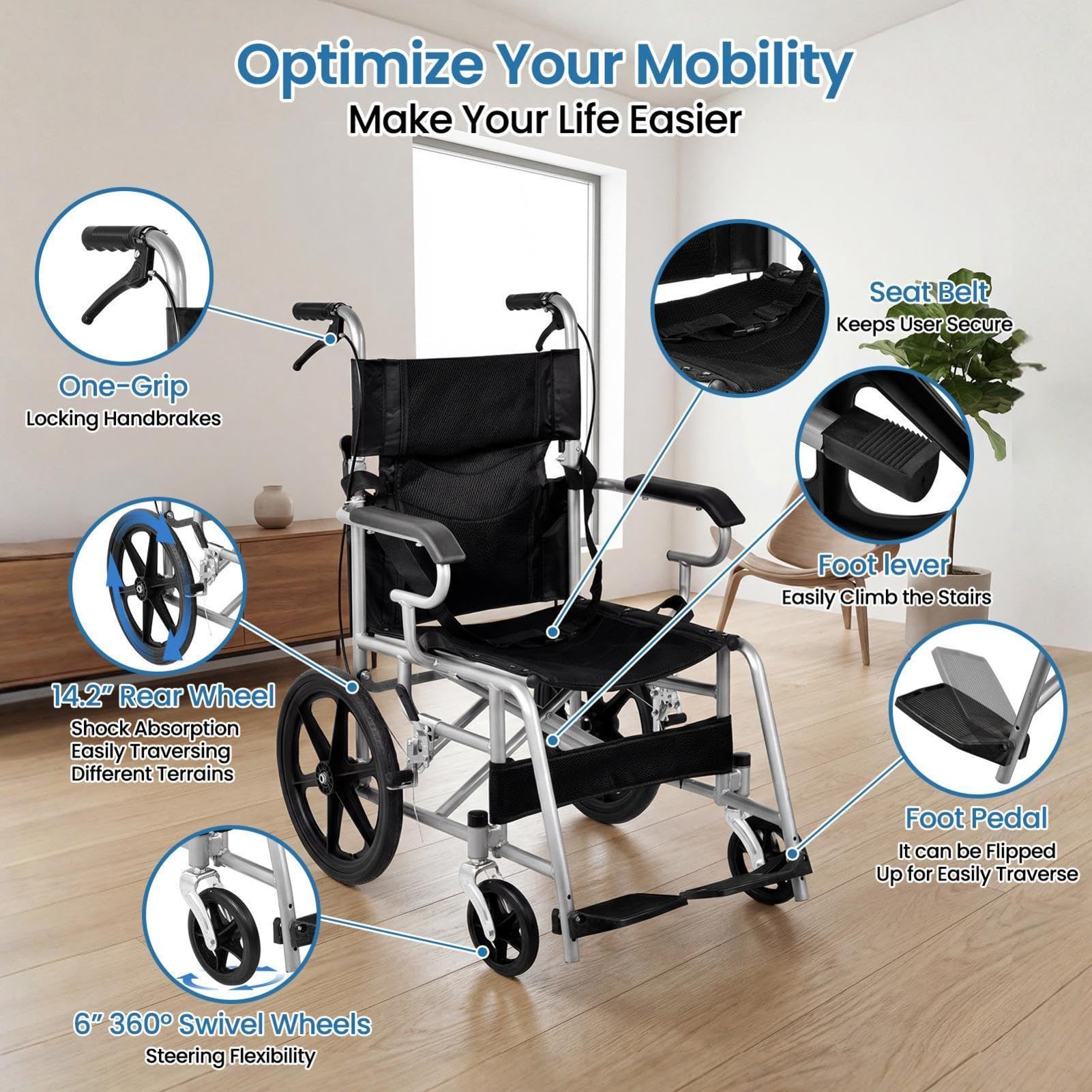 Las sillas de ruedas ligeras adultas | Capacidad de carga de 100 kg | Silla de ruedas de viaje ultraligera portátil plegable área del asiento 45,5 cm | Para personas mayores y discapacitadas
