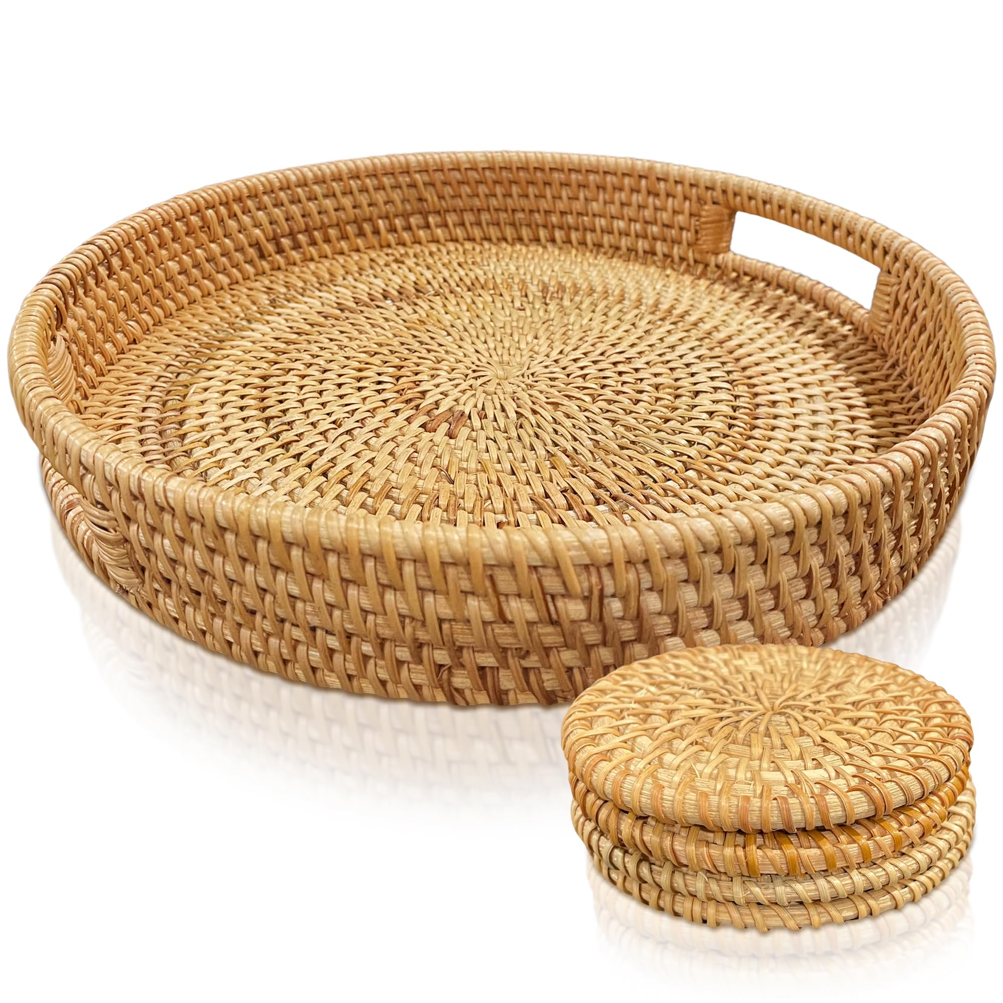 TAYLORD Boho Round Rattan Tray with Handles & Rattan Coasters (5 Pieces) - Wooden Tray for Kitchen/Living Room/Bedroom/Bathroom - Ottoman - Coffee Table Indoor and Outdoor Use