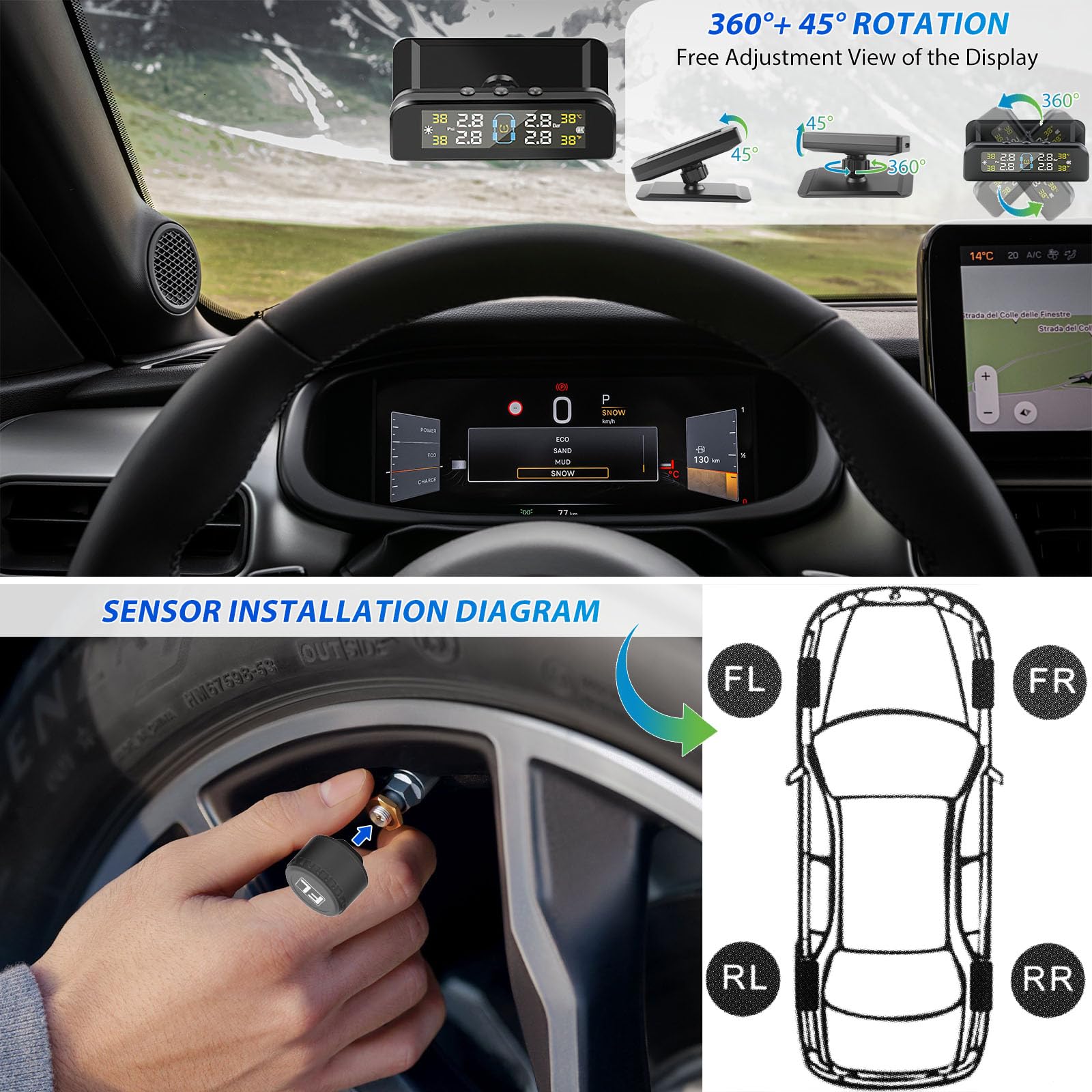 Système de Surveillance de la Pression des Pneus TPMS avec 4 Capteur Pression Pneu 0-6 Bar Charge Solaire et USB Surveillance en Temps Réel avec Alarme pour Voiture Camping-Cars Remorques