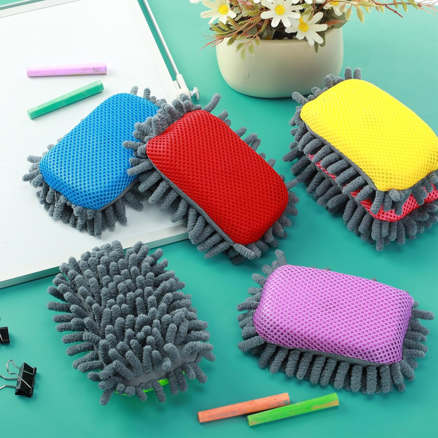 AmazingSpark 24 Pcs Microfiber Shag Erasers Whiteboard Bulk Magnetic Dry Erase Erasers Washable Colorful Erase for Markers Chalk Home Office Supplies Blue Yellow Green Red Pink Purple