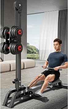 LAT Pull Down Machine for Home, 2 in 1 Multi-Function Foldable Rowing Machine & Low Row Cable Machine with 44 LBS Adjustable Dumbbell Set and Low Row Bars for Full-Body Workout
