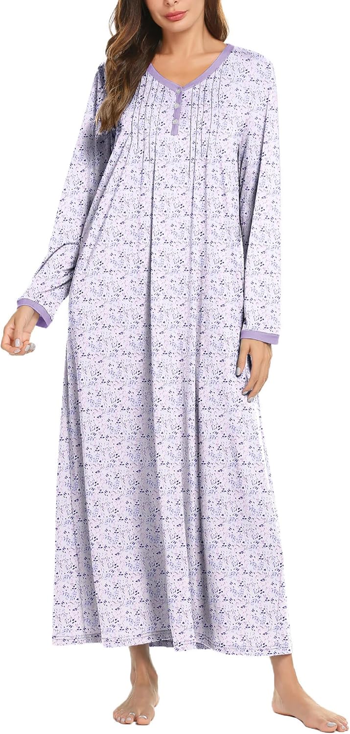 Ekouaer Women's Long Sleeve Nightgown Full Length Sleepwear Long Sleepshirts Henley Sleep Dress S-4XL