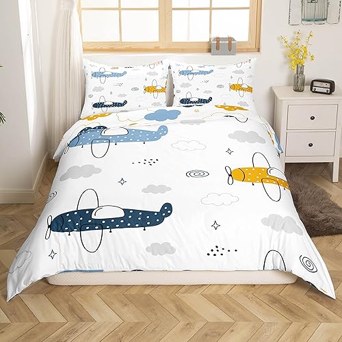 Vista 60 de Erosebridal Funda de edredón de avión de dibujos animados, tamaño matrimonial, juego de ropa de cama de aviones para niños, lindo amarillo, verde