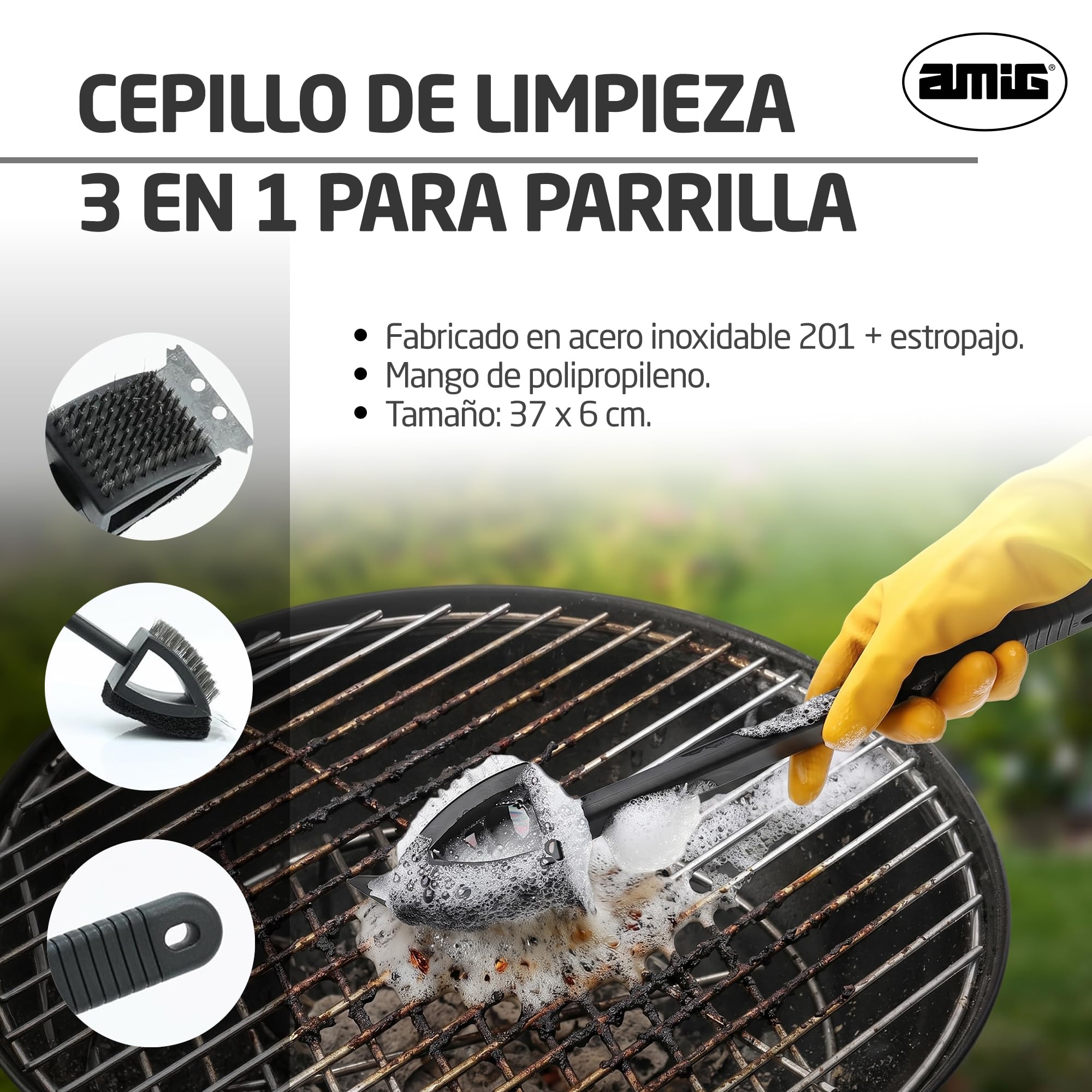 Amig Brosse de Nettoyage Barbecue 3 en 1 AM20 - Acier Inoxydable 201, 37 x 6 cm