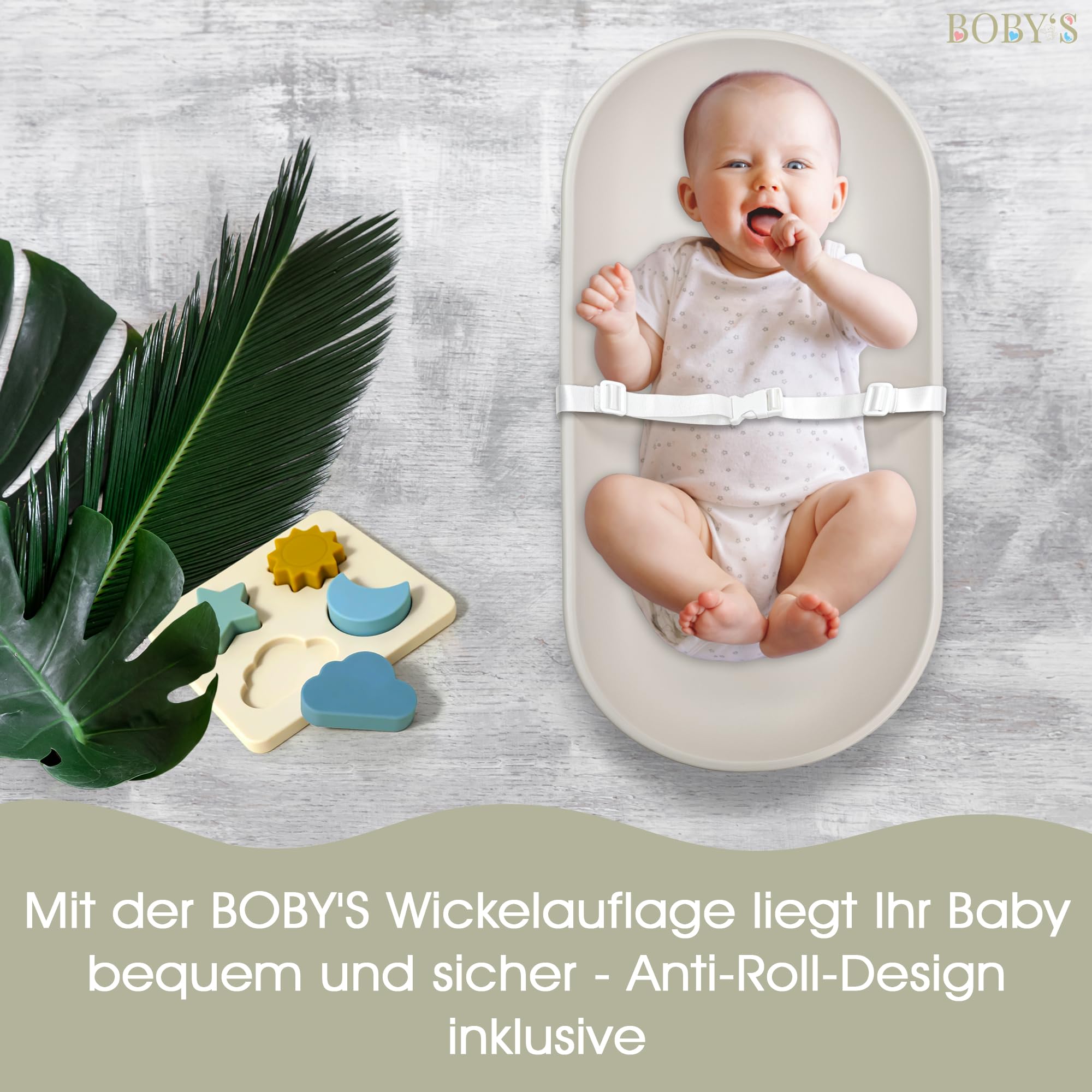 BOBY’S Wickelauflage Baby aus PU-Schaum mit Sicherheitsgurt – rutschfest & abwaschbar, Anti-Roll Design, für Wickeltisch & Kommode, hygienisch, ca. 72,5 × 35,8 cm