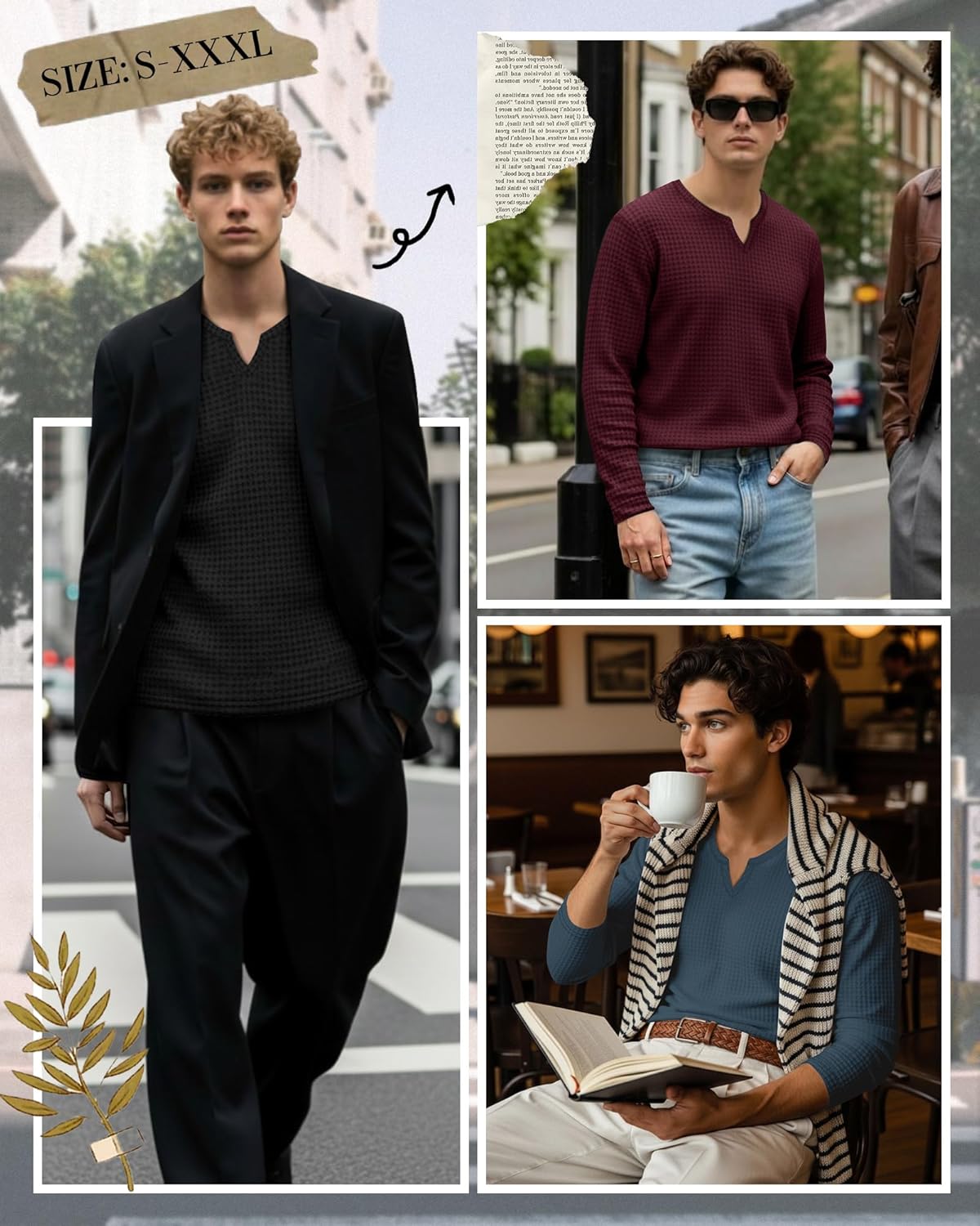 3 Pack Men's Waffle Long Sleeve Shirts V Neck Thermal Pullover Tops Knit Tshirt Casual Basic Lightweight Undershirt