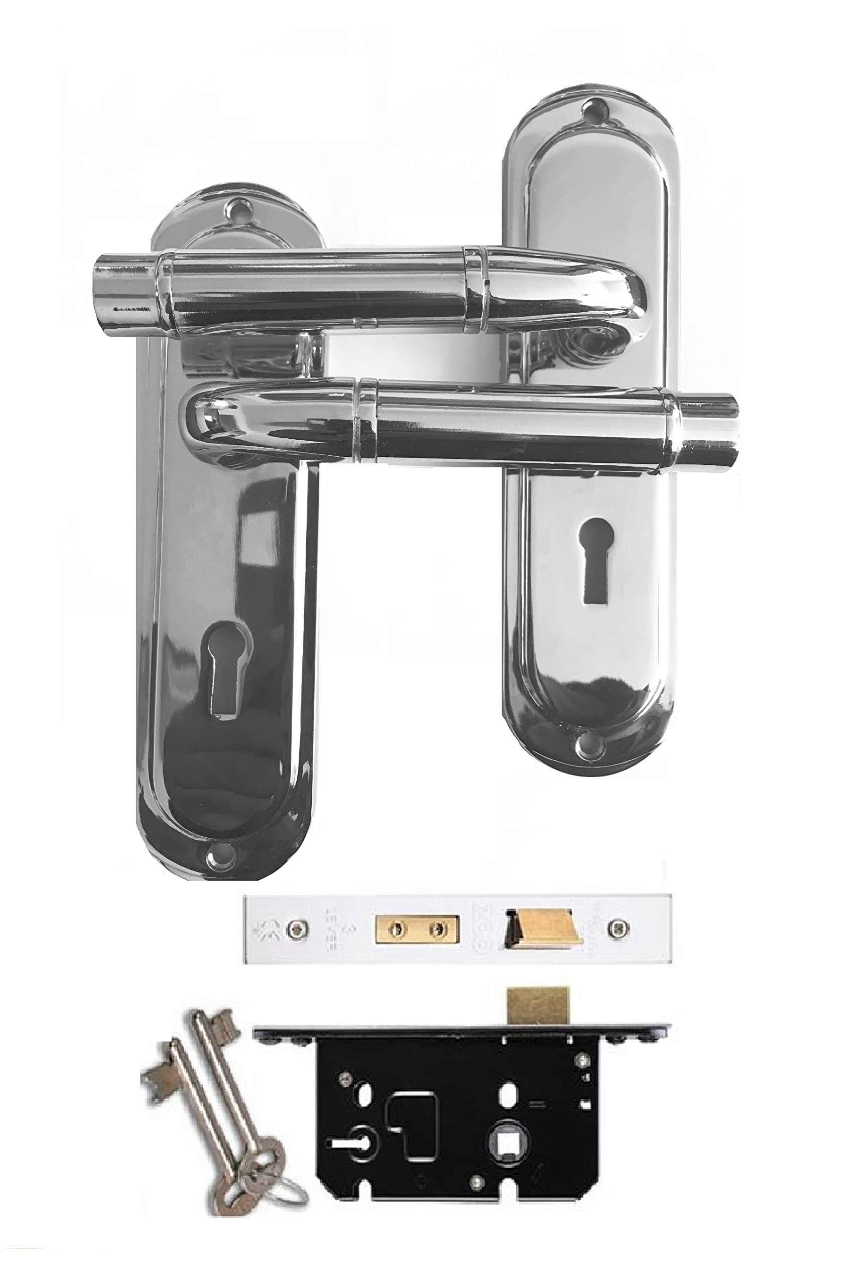 EUROART Paris Lever Lock Door Handle + 3 Lever Sash Lock 186 x 48 mm - Polished Chrome Finish