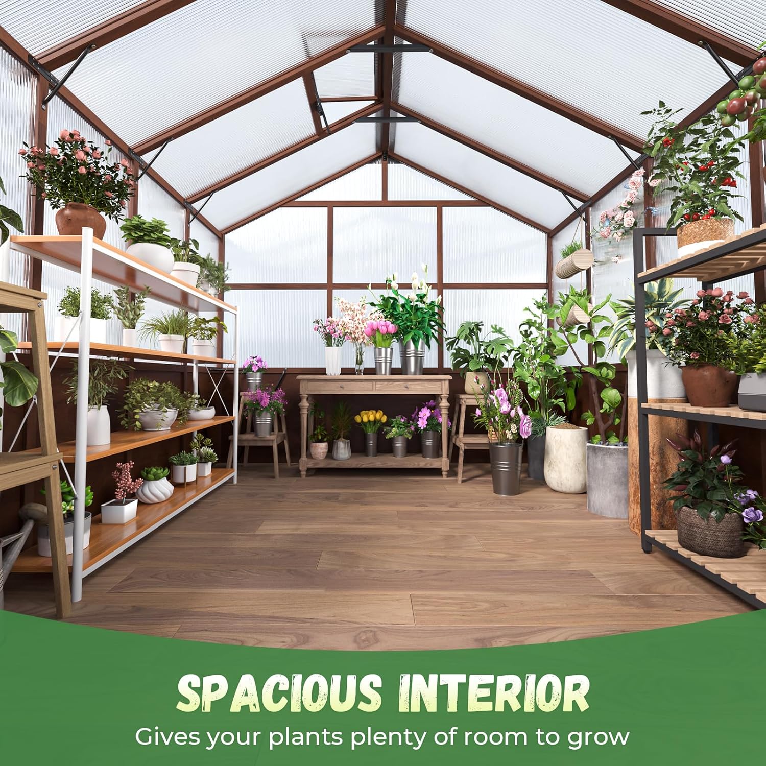 Jocoevol 8x10FT Greenhouse for Outdoors, Wooden Frame Polycarbonate Green House w/ Adjustable Roof Vent and Lockable Door Handle, Walk-in Greenhouses for Outside Garden Backyard