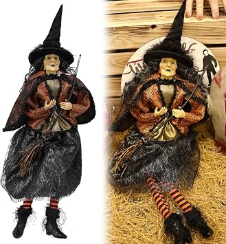 brableewear Halloween Witch Doll Statue Spooky Sitting Witch Decoration Outdoor Hanging Flying Witch Decor Halloween Yard Garden Ornament Haunted House Party Props
