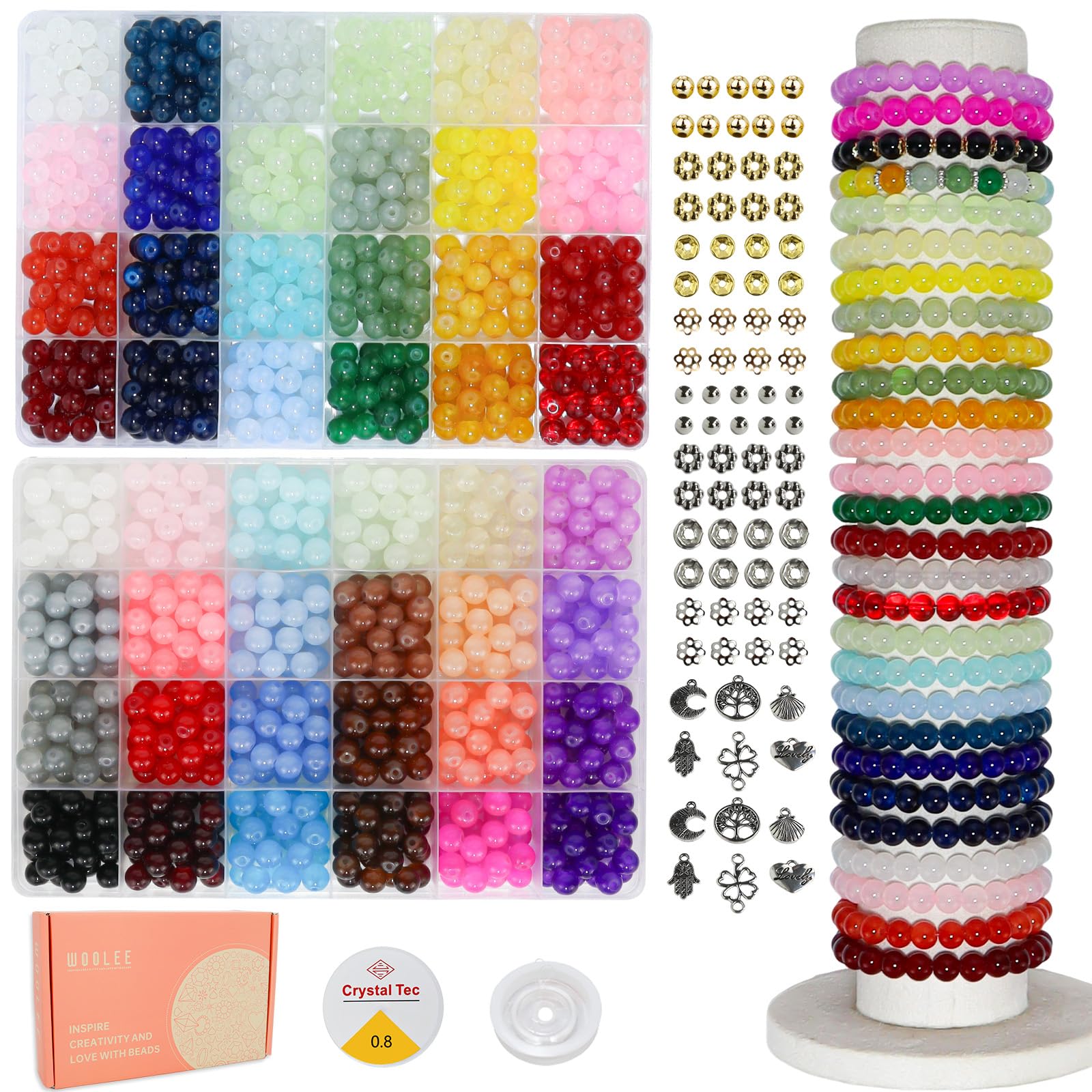 WOOLEE 1200Pcs Glass Beads Bracelet Making Kit, 48 Colors 8MM Crystal Round Glass Beads Jewelry Making kit. Bracelet