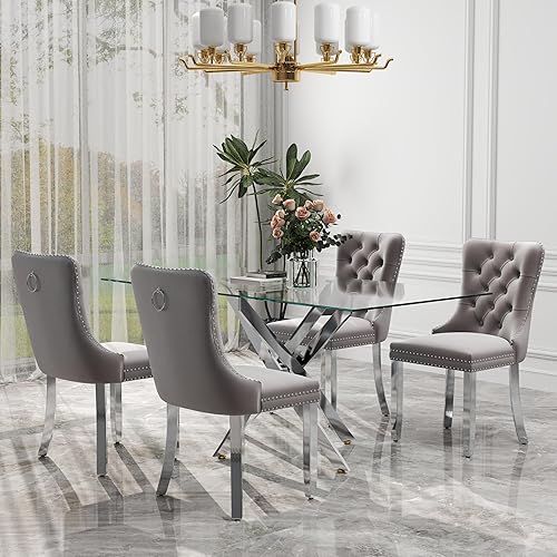 Miniatura 58 de Juego de comedor de cristal de lujo plateado de 5 piezas, juego de mesa de cocina minimalista moderno para 4 personas, juego de comedor con negro +