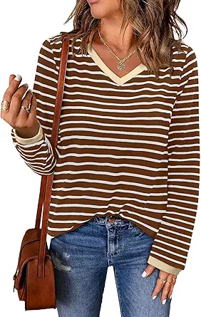ONLYSHE Women's Casual Striped Long Sleeve Tops Crew Neck Knit Basic Loose Fit T Shirts Fall Fashion Tunic Outfits