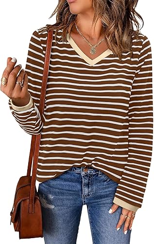 ONLYSHE Women's Casual Striped Long Sleeve Tops Crew Neck Knit Basic Loose Fit T Shirts Fall Fashion Tunic Outfits