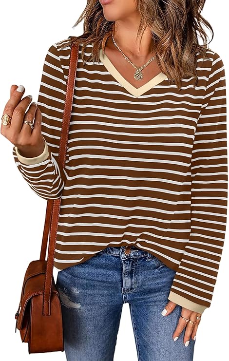 ONLYSHE Women's Casual Striped Long Sleeve Tops Crew Neck Knit Basic Loose Fit T Shirts Fall Fashion Tunic Outfits