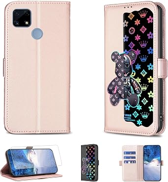 Case Compatible for Realme C25s Phone Case Flip Stand Cover [with Tempered Glass Screen Protector] JXX-Pink