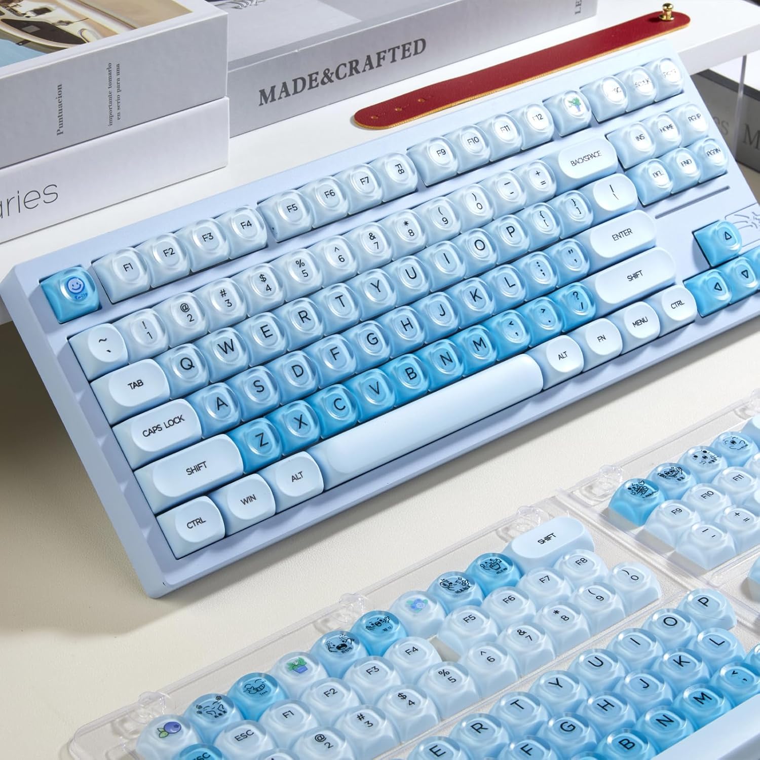 MOA Profile Blue Foundation Jelly Keycaps, 130 Keys PC+PBT Material Dye Sublimation Cute Custom Key Cap for Mechanical Gaming Keyboard with MX Structure