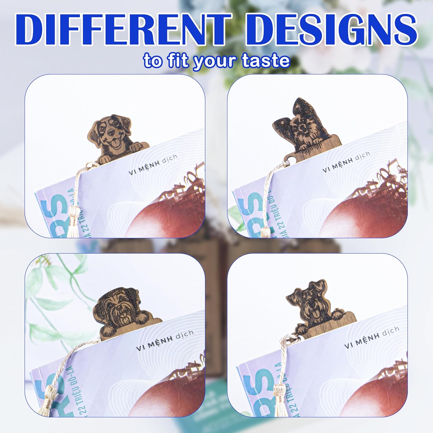 Dog Bookmark Set - 4 Wooden Bookmarks with Tassels, Walnut Wood, Funny Gift for Men & Women, Novelty Book Lovers' Gift, Christmas Stocking Stuffer - Image 2