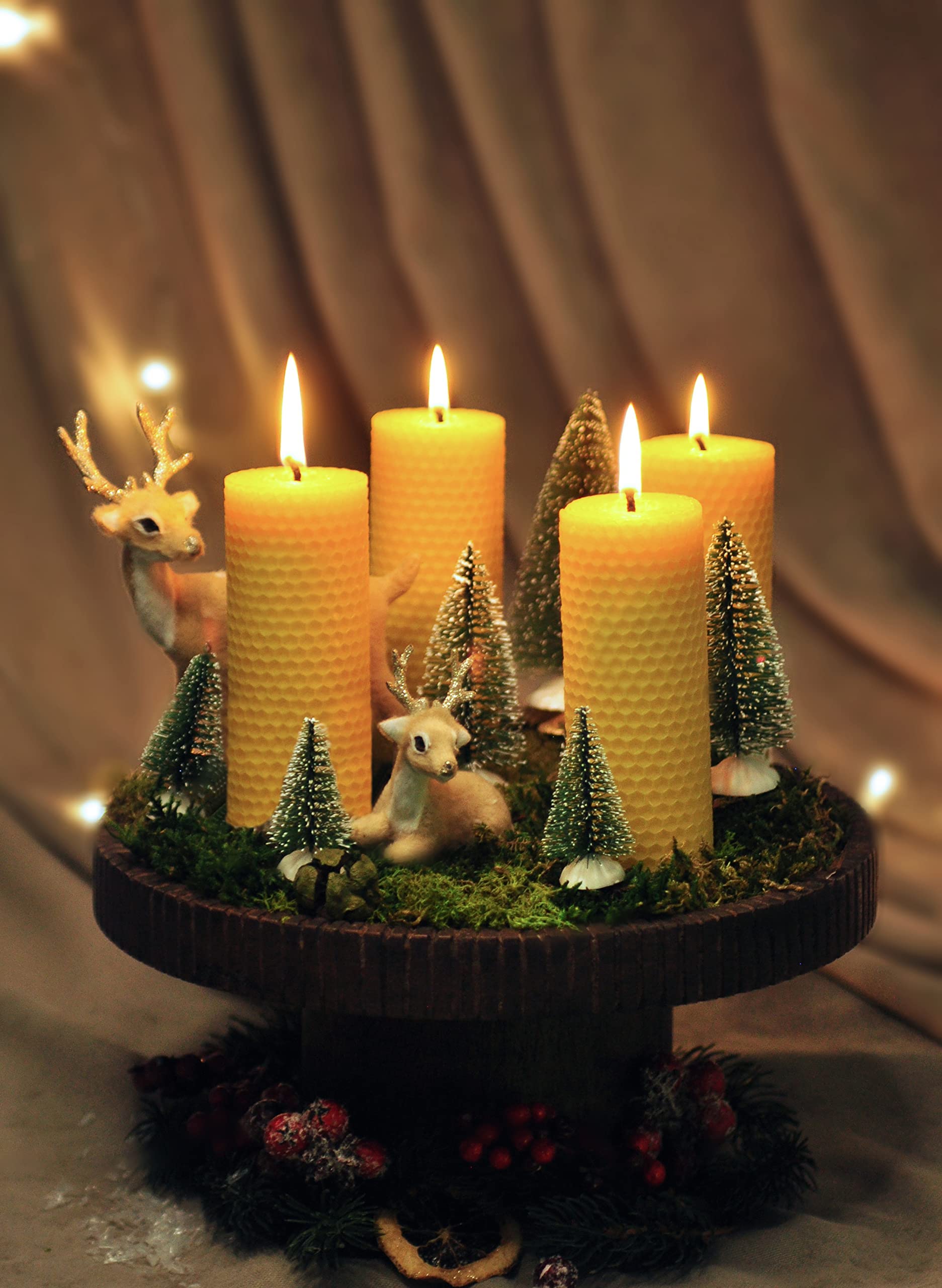 Xanty Velas de cera de abejas (13 cm x 5 cm), 4 velas doradas grandes de 100% cera de abeja, velas de panal, velas de pilar, 10 horas de combustión, velas de Adviento doradas y amarillas