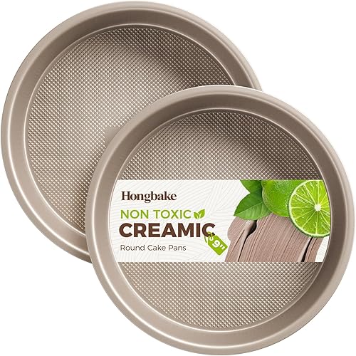 HONGBAKE Juego de 2 moldes redondos de 9 pulgadas con revestimiento de cerámica antiadherente con textura de diamante, juegos de moldes de acero