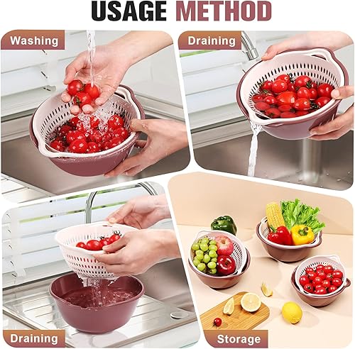 Miniatura 2 de LRECNOM Colador de 6 piezas con cuenco, colador de plástico para pasta, verduras y frutas, sin BPA, apto para lavavajillas (grande, fucsia)