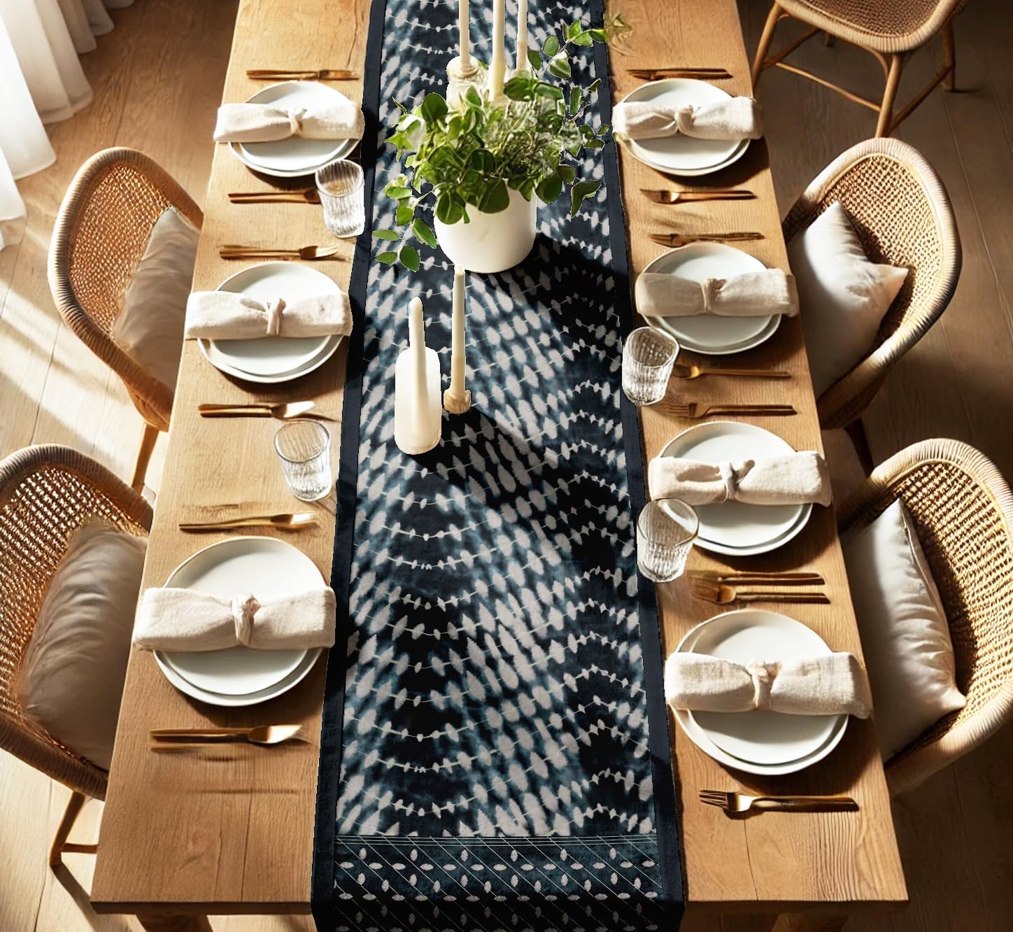 Decorative Table Runner - Double-Layered Cotton - 14 x 60 Inch with Elegant Border - Durable - for Rustic, Boho & Modern Décor - Tie & Dye