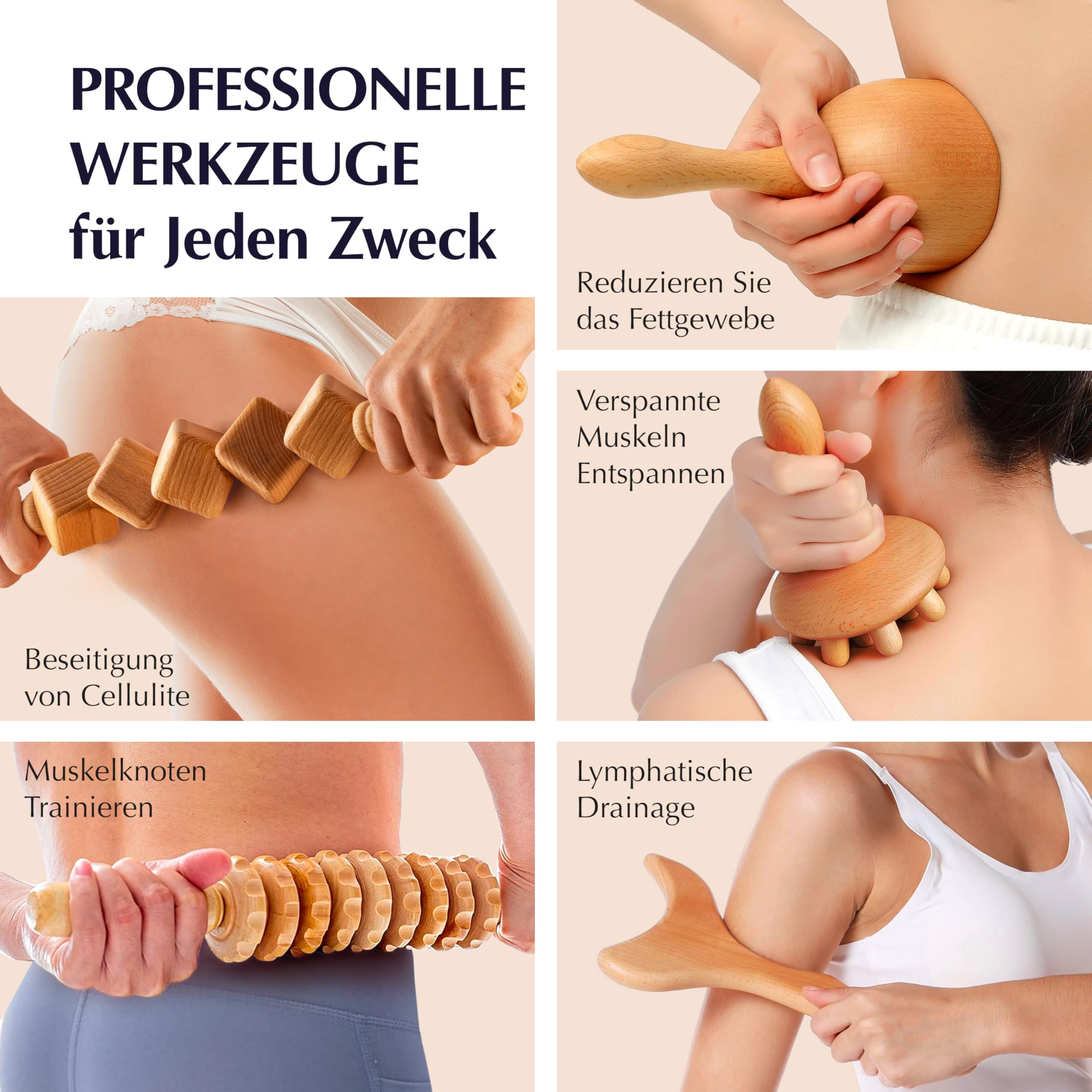 JARIS – Maderotherapie Set 5-teilig – Holz Massagegeräte gegen Cellulite – Wood Therapy Massage Tools für Bauch Beine Po – Professionelles Maderotherapie Kit mit Anleitung QR Ecofriendly