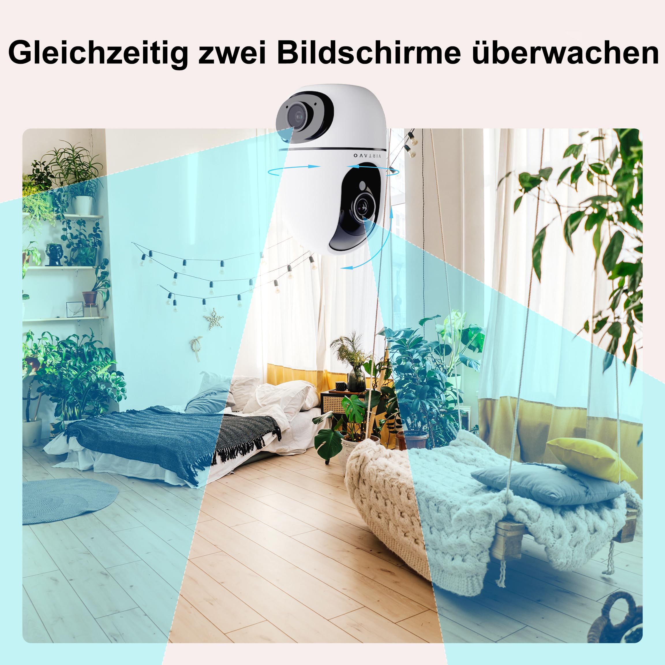 VIRTAVO Überwachungskamera Innen, Indoor Camera for Home Security,2MP, 24/7 WiFi, WLAN Dual Lens Kamera Überwachung Innen mit 360° PTZ, Auto Tracking Bewegungserkennung Farbnachtsicht, 2-Wege-Audio
