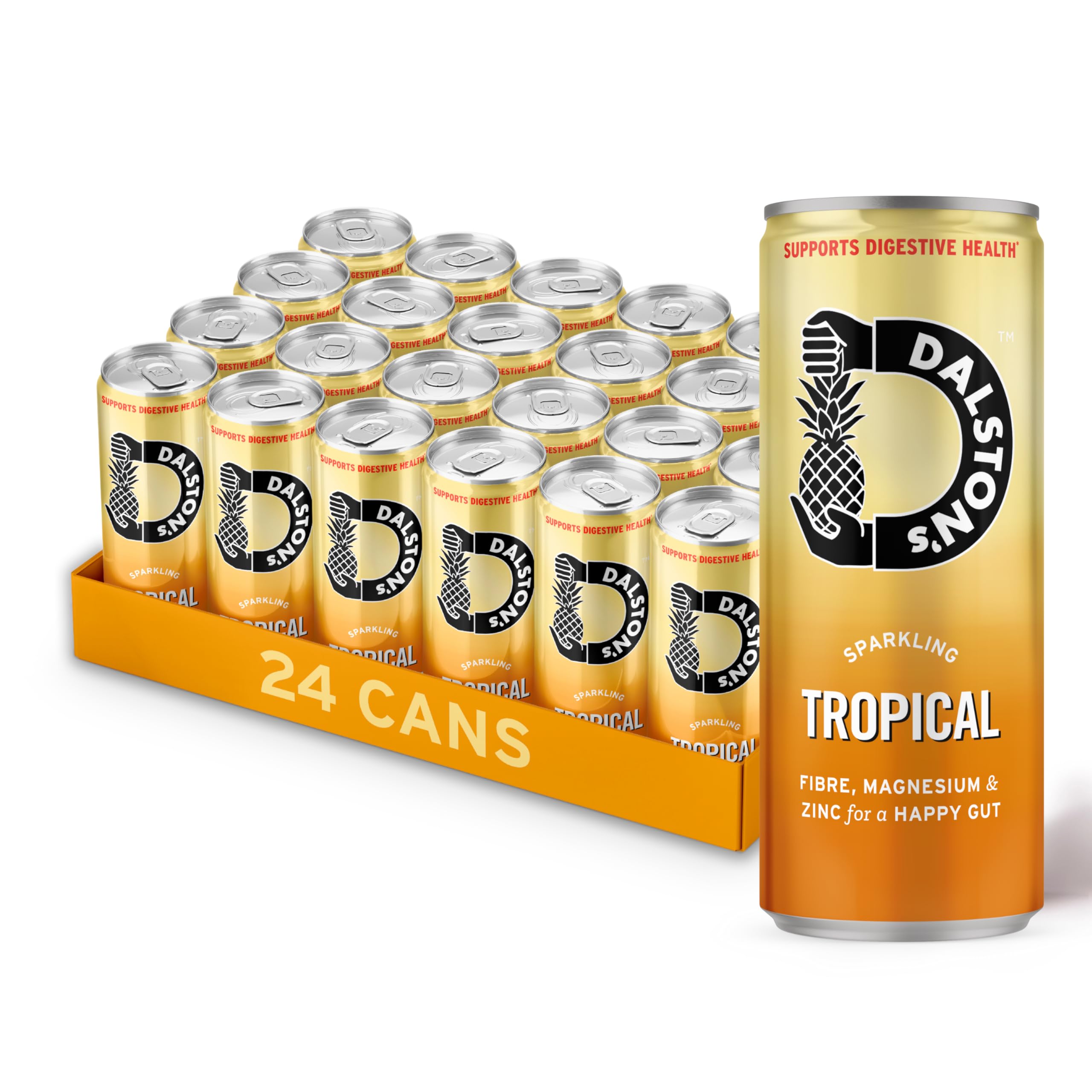 Dalston's Happy Gut Sparkling Tropical (24 x 250ml) - Gut Health blend of Plant Fibre, Zinc and Magnesium. Real Fruit - 25Kcal - No Added Sugar - No Artificial Sweeteners - Healthy Alternative