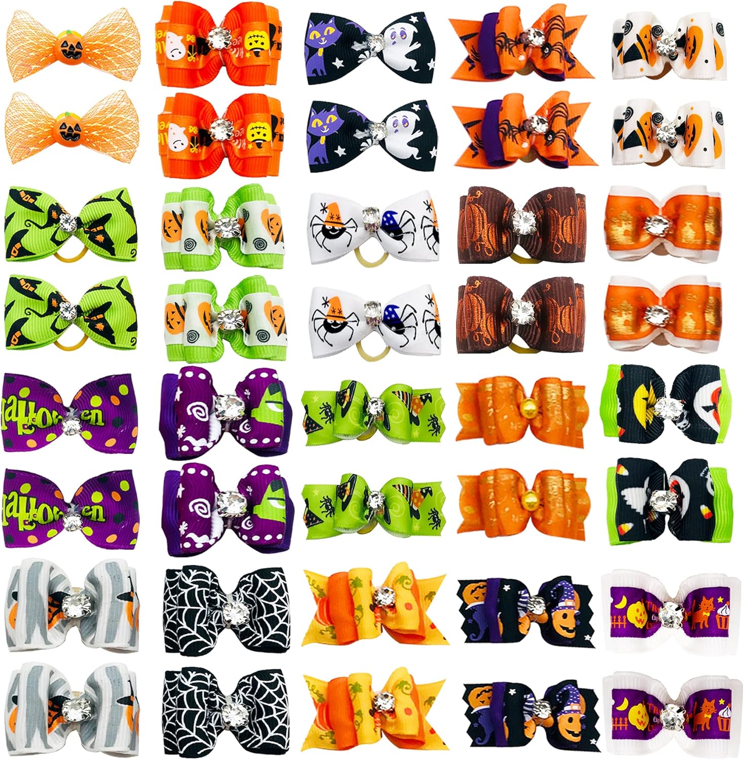 BIPY 50Pcs/Pack Halloween Pet Hair Bows with Rubber Bands for Small Dogs Cats Puppies Hairbands Topknot Assorted Grooming Accessories for Long Hair Cat Bows Random Color