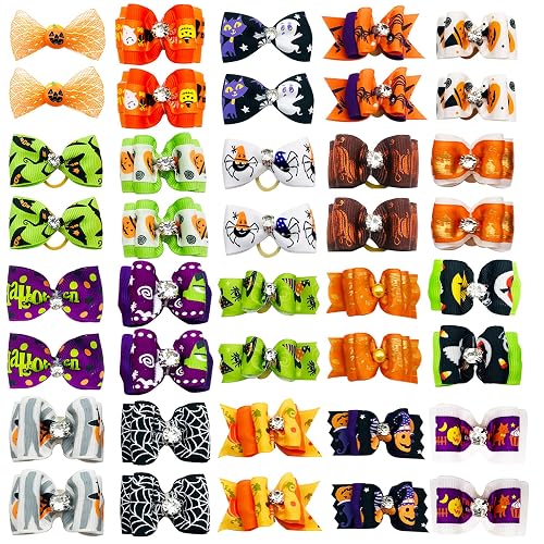 BIPY - Lote de 40 lazos para el pelo de mascotas de Halloween con bandas de goma para perros pequeños, gatos…