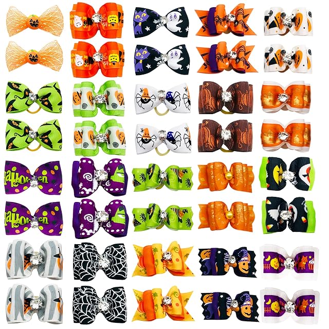 BIPY - Lote de 40 lazos para el pelo de mascotas de Halloween con bandas de goma para perros pequeños, gatos…
