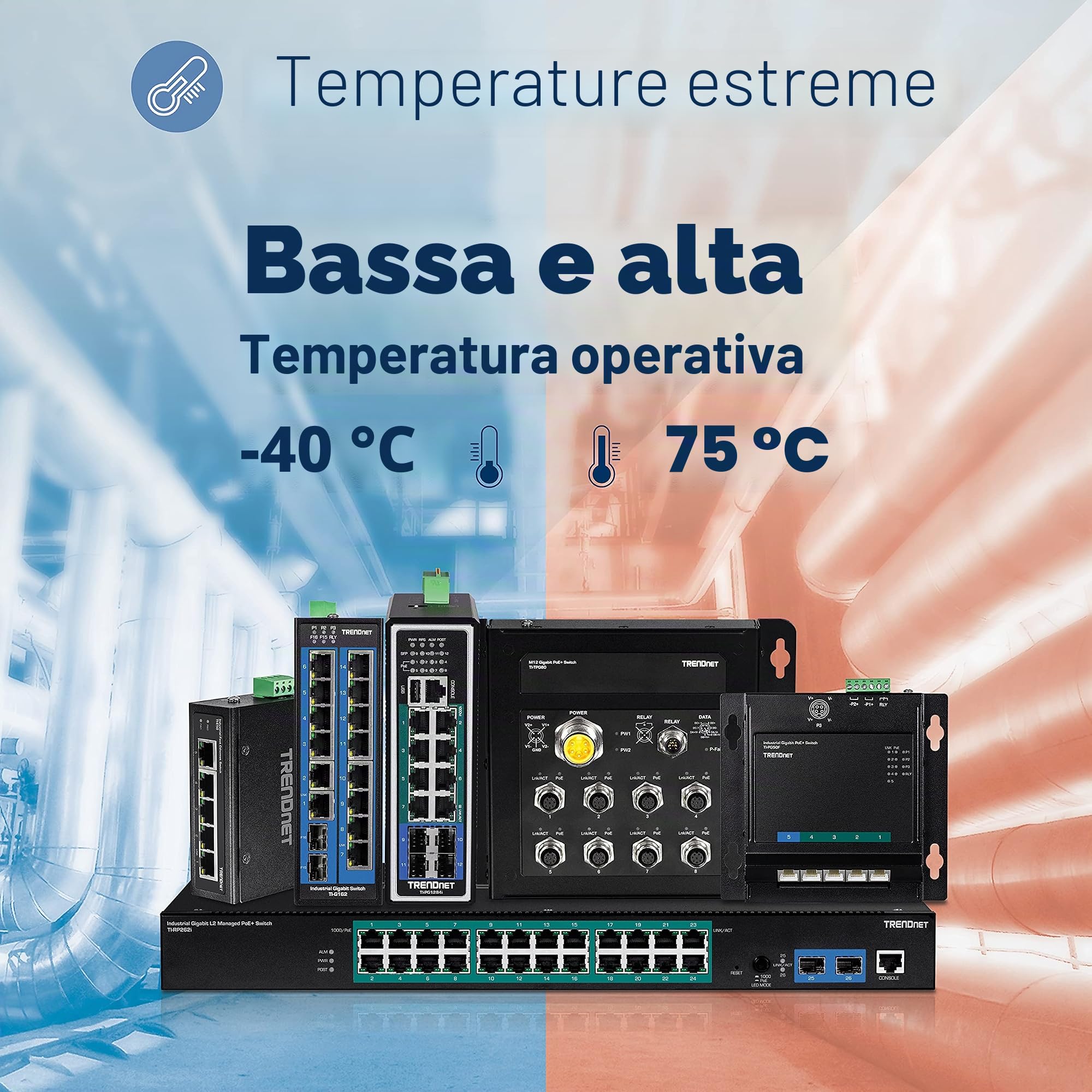 TRENDnet, TI-E50, Switch industriale Fast Ethernet a 5 porte su guida DIN, grado di protezione IP50, intervallo di temperatura operativo estremo, capacità di commutazione di 1 Gbps