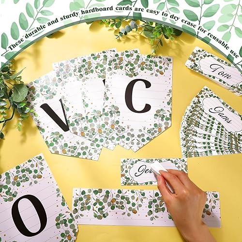 Miniatura 5 de Mixweer Juego de 81 tableros de anuncios de bienvenida de bienvenida, decoración de eucalipto, bordes de aula para tablón de anuncios, acentos de
