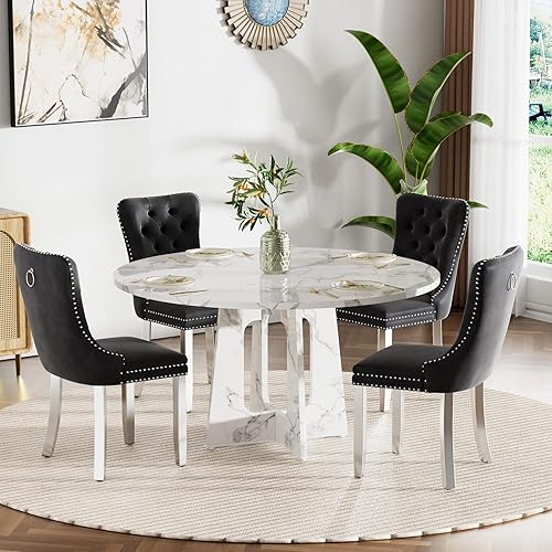Miniatura 17 de Juego de mesa de comedor redonda de 47 pulgadas para 4, mesa de cocina de mármol sintético blanco circular con 4 sillas de comedor tapizadas de Mesa