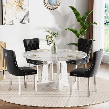 Round Modern Dining Table Set for 4, 47" Circle White Faux Marble Kitchen Table with 4 Black Velvet Upholstered Dining Chairs, Wooden Kitchen and Dining Room Table Set for Dining Room