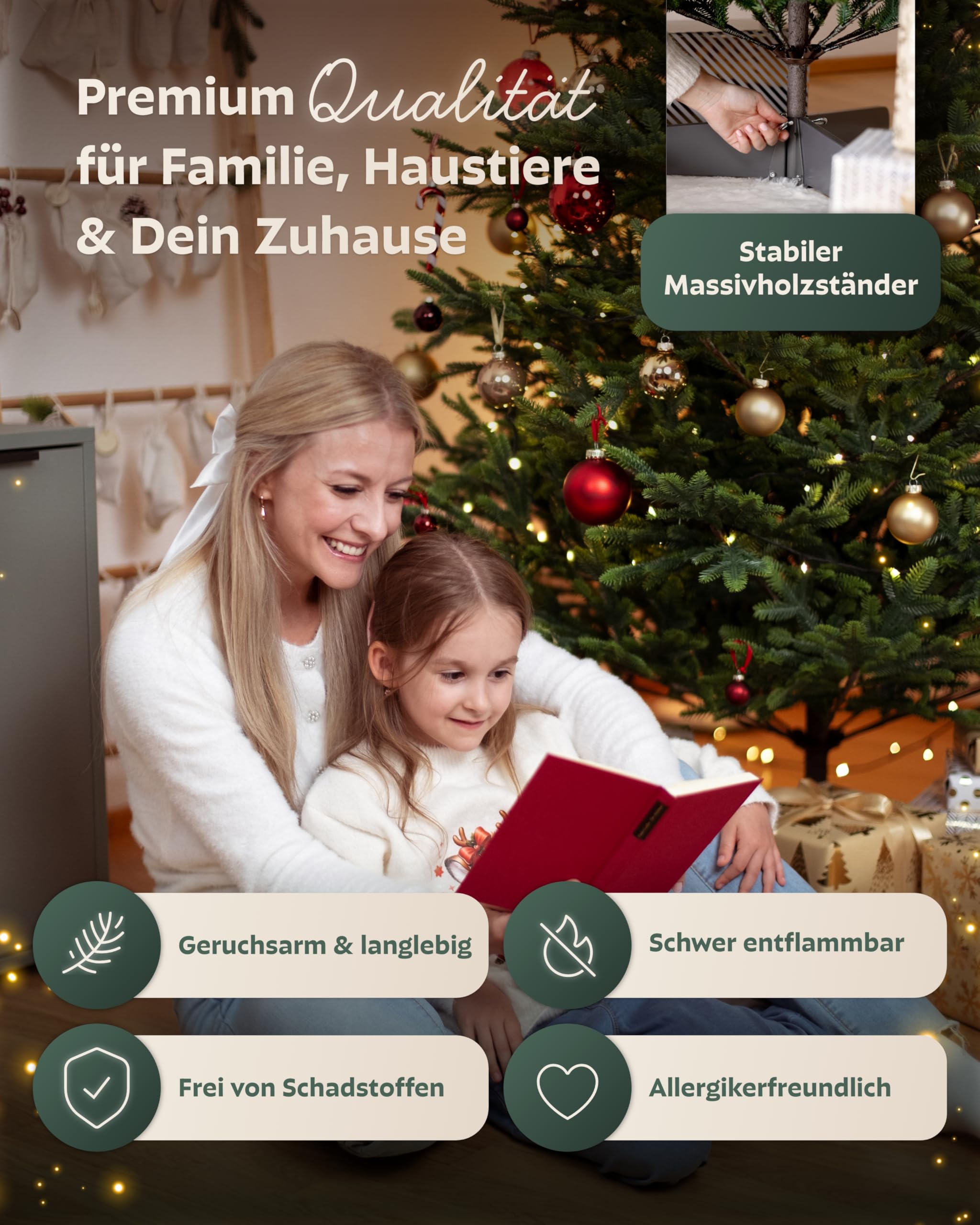 Håvn ® 100 % Spritzguss Künstlicher Weihnachtsbaum (180 cm) – Modell 2026 – Naturgetreuer Stamm, extra dichte Zweige, inkl. Holzständer & Tasche – Premium Tannenbaum