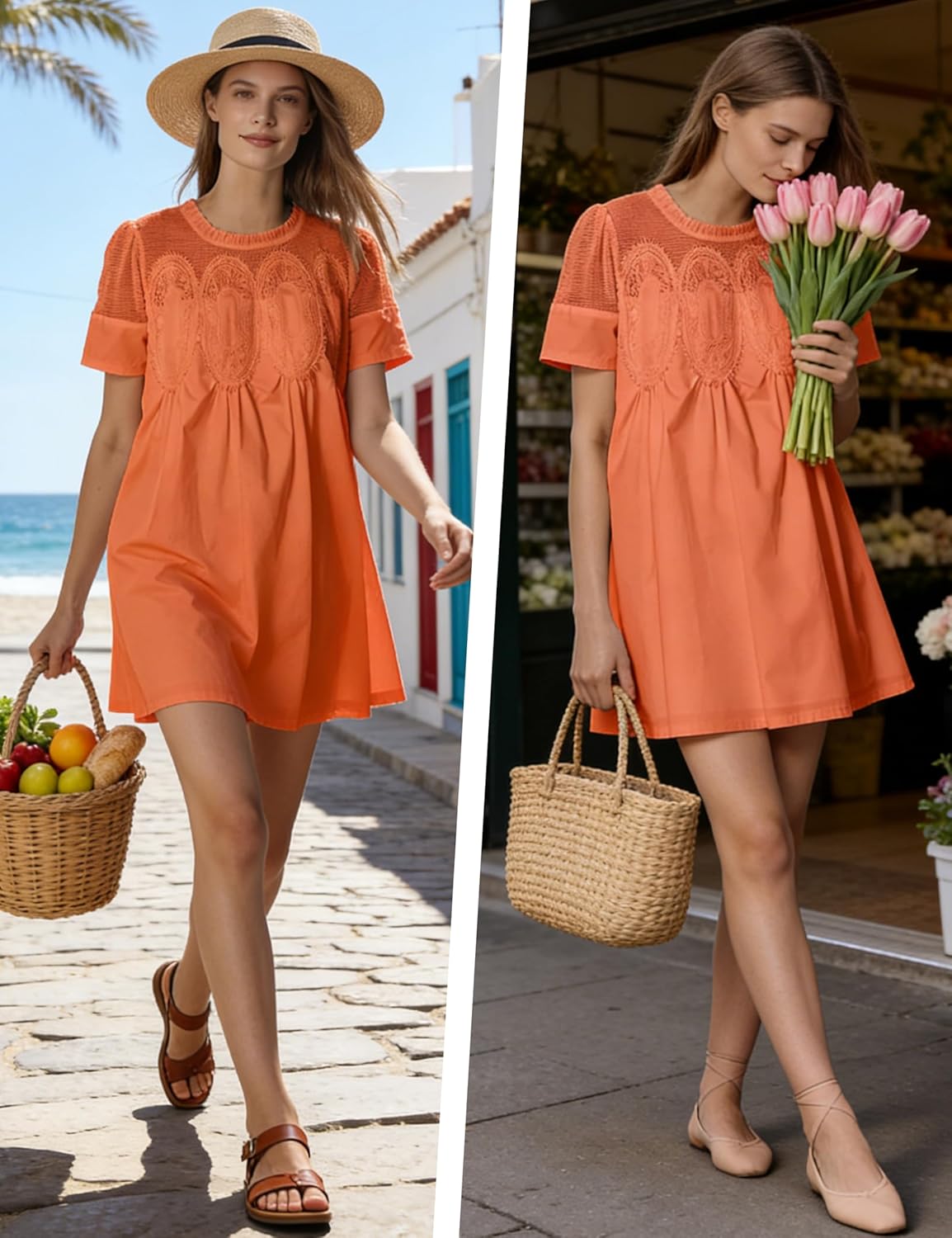 Shiyifa Womens Babydoll Lace Patchwork Dresses Summer Short Sleeve Ruffle Sundress Loose Crew Neck A-Line Dresses - Image 5