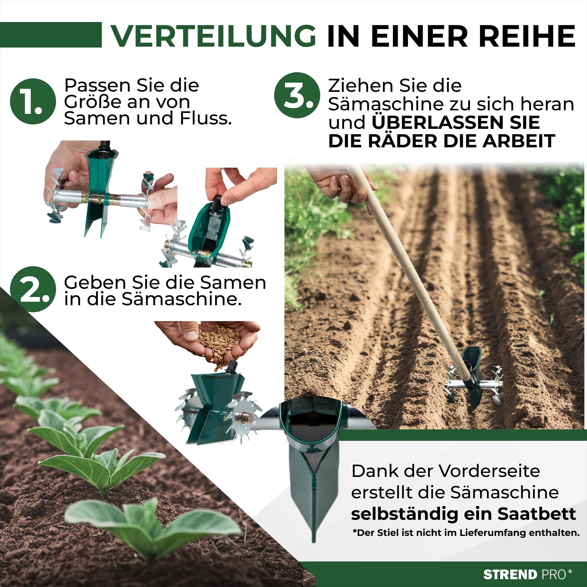STREND PRO Sämaschine | Manuell Samenstreuer | Metall | Einreihig | EINSTELLBAR Samengröße (1,5; 3,5; 5 mm) | Samen Streuer für Kleine Flächen, Beete, Garten, Gewächshäuser | Hand-Samenstreuer