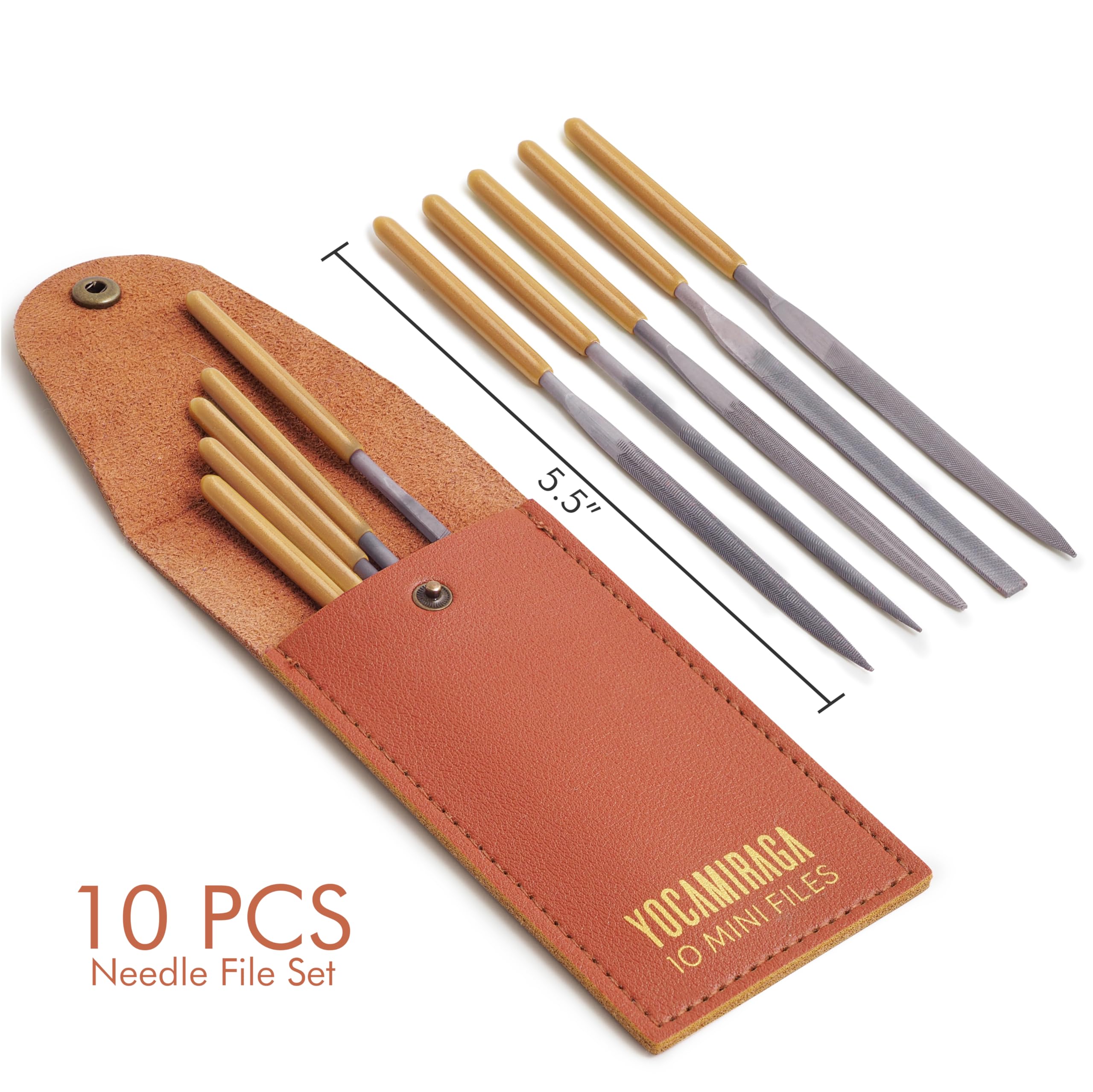Juego de 10 limas de aguja de metal con funda de piel sintética, pequeñas limas de acero con forma redonda, media redonda, triangular, plana, cuadrada. Herramienta para madera, metal