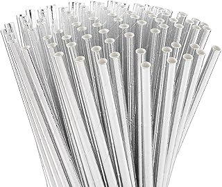 ALINK Metallic Silver Paper Straws, Biodegradable Disposable Party Drinking Straw for Birthday, Wedding, Bridal/Baby Shower, Christmas Decorations and Party Supplies, Pack of 100