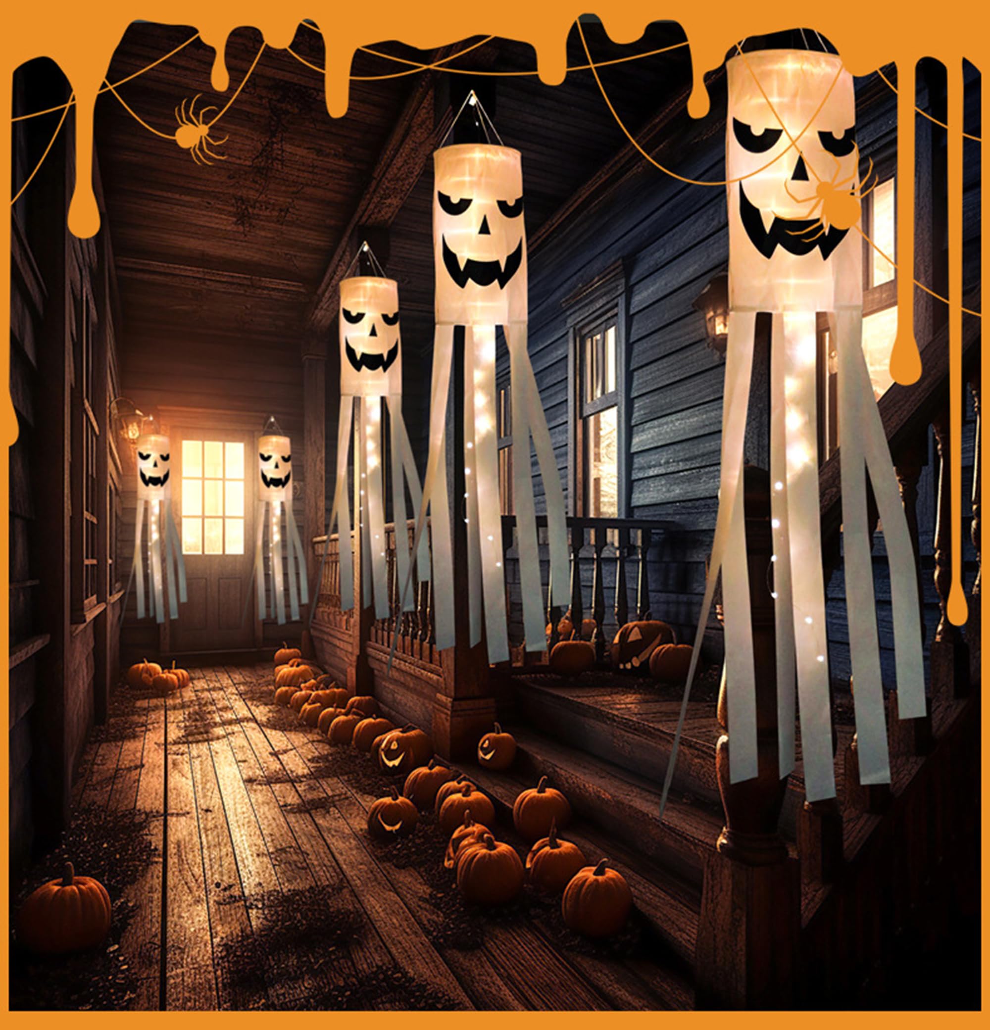 175CM Halloween Decoracion de Fantasma,Decoración Halloween Cráneo Colgante,Bandera Fantasma con Luces LED Decoración Halloween para la Fiesta de Halloween Vacaciones, Exterior, Patio