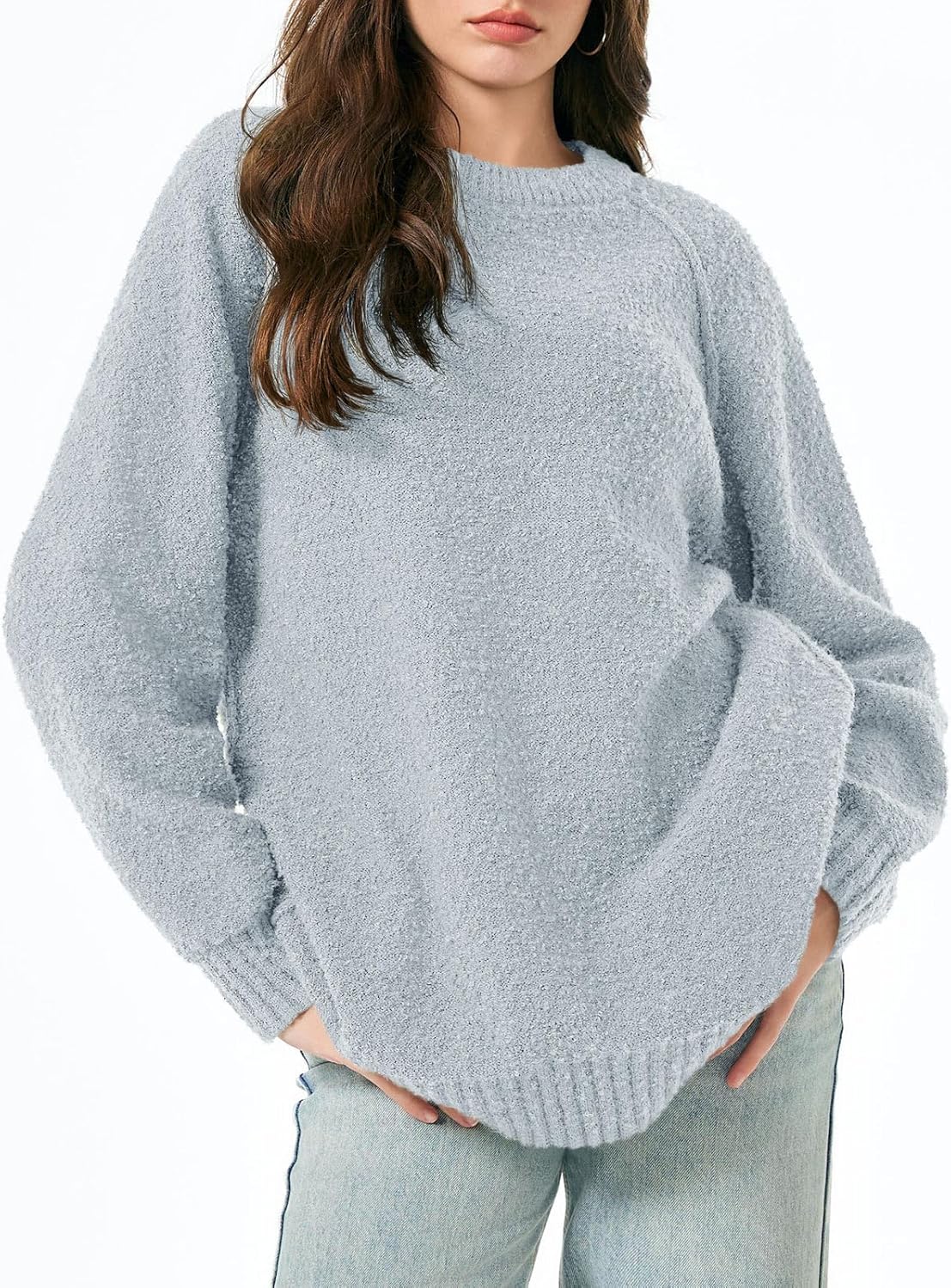 Saodimallsu Womens Oversized Sweater 2025 Fall Trendy Fuzzy Crew Neck Long Sleeve Casual Tunic Sweaters - Image 2