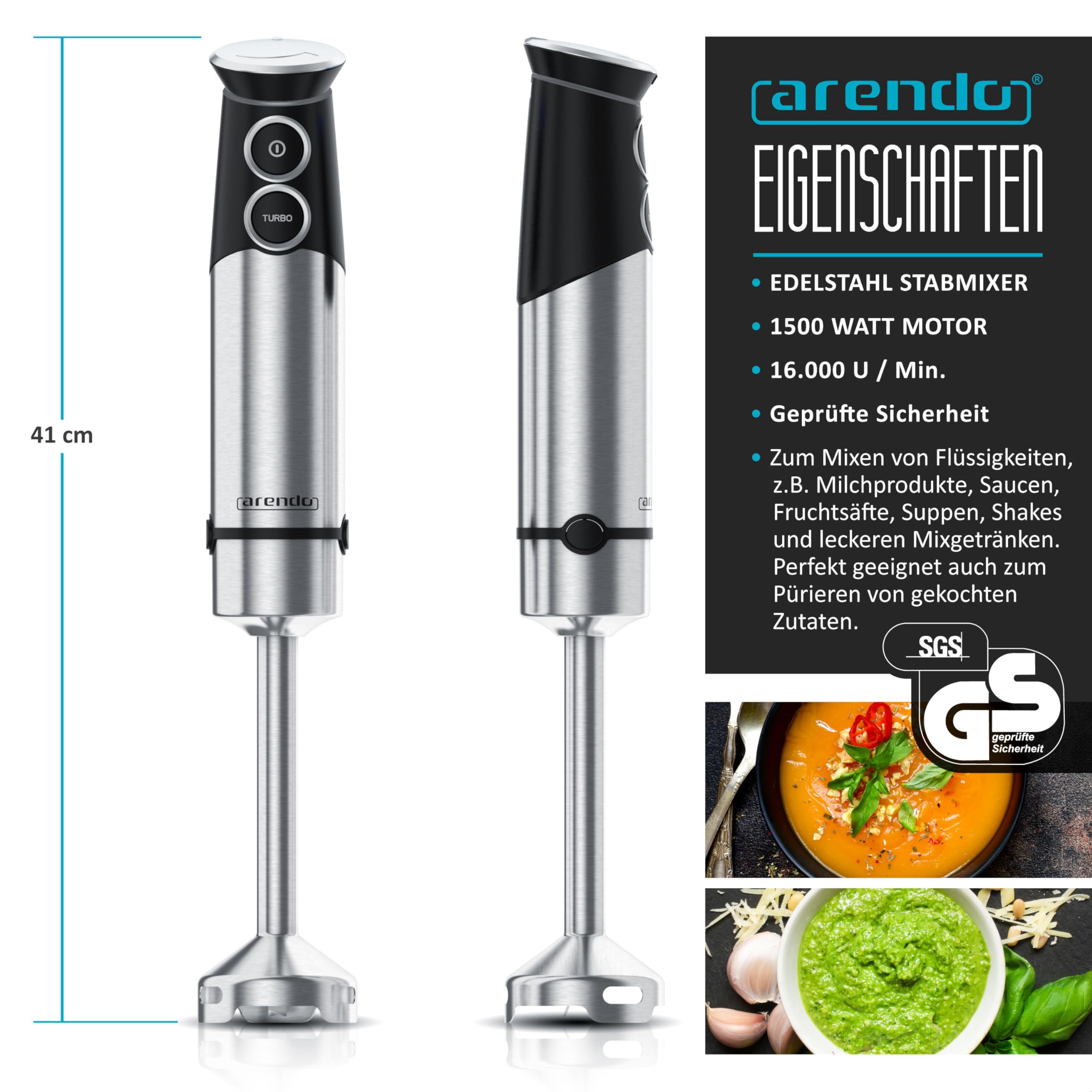 Arendo - Stabmixer Edelstahl - elektrischer Pürierstab 1500 Watt - - stufenlose Geschwindigkeit - Turbotaste - Rührstab für Babynahrung, Suppe, Smoothies, Püree, Saucen