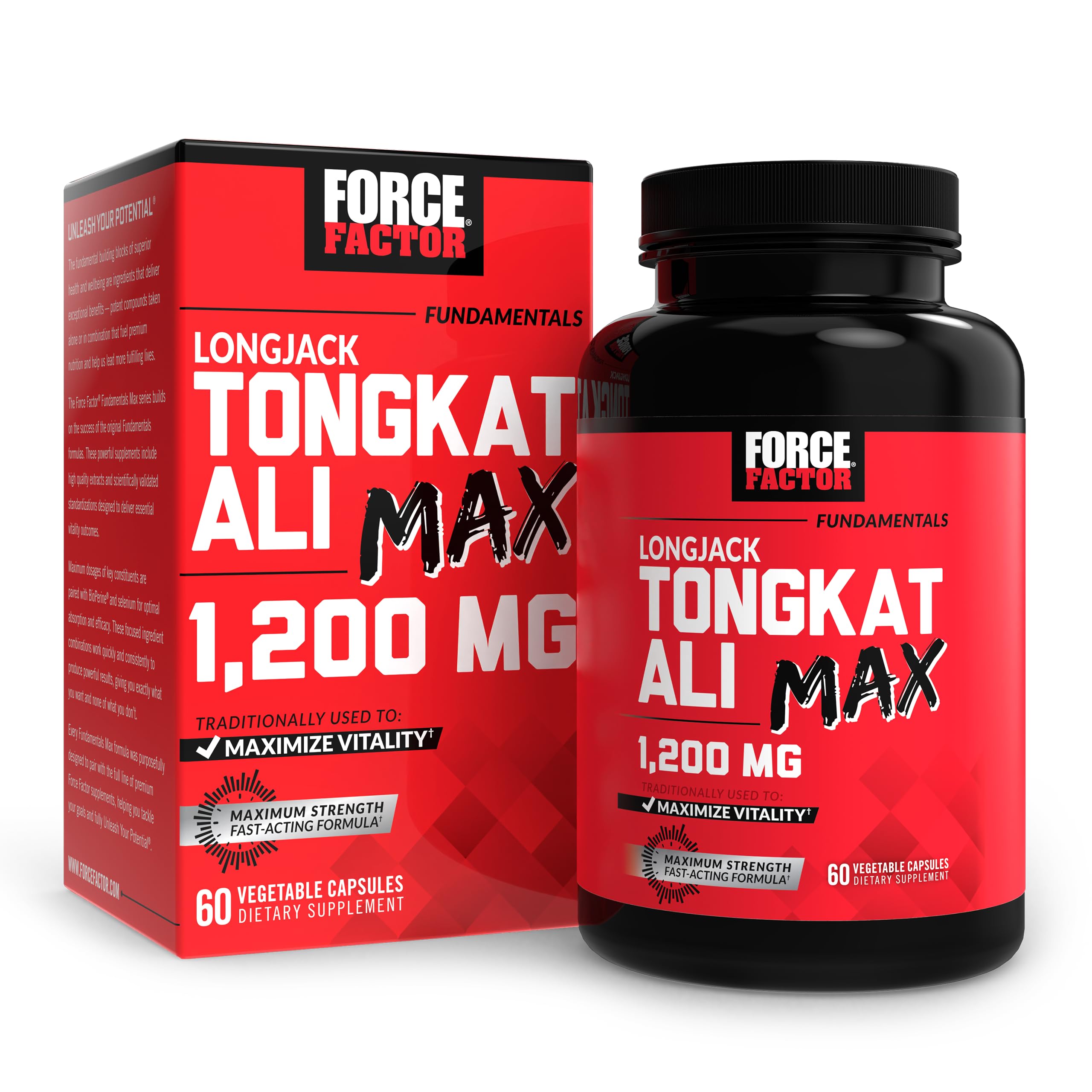 Force Factor Longjack Tongkat Ali Max for Men, Male Stamina and Vitality Supplement Made with Tongkat Ali Extract and Key Natural Ingredients for Superior Absorption, 1200mg, 60 Capsules